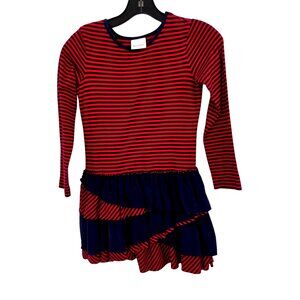 Hanna Andersson Girls 8 Striped Red & Navy Long Sleeve Dress Ruffle Skirt 3971